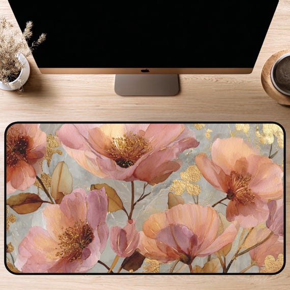 Pink & Gold Floral Desk Mat | 12x18, 12x22, 16x32