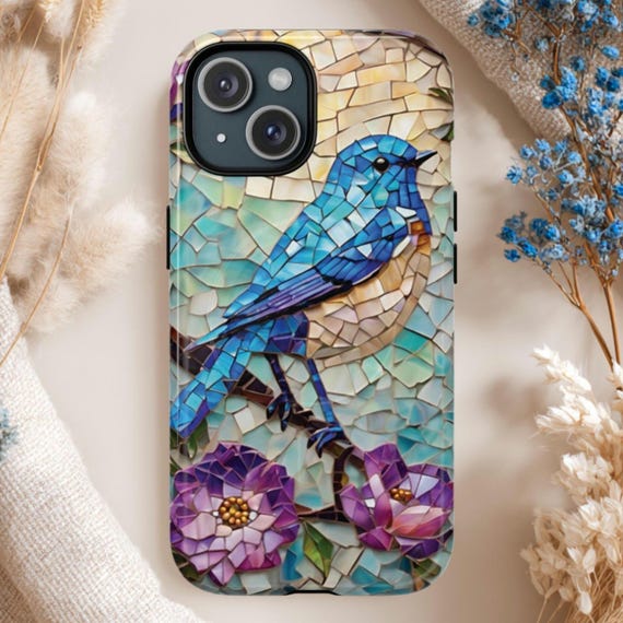 Mosaic Bluebird Tough Phone Case: Magsafe Compatible iPhone 14 15 16 17