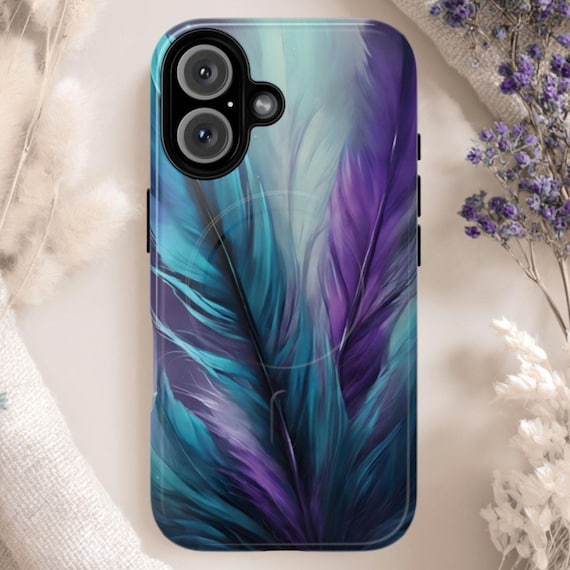 Purple & Teal Feather Tough Phone Case, Magsafe Compatible iPhone 13 14 15 16 17