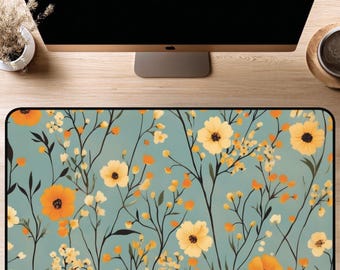 Flower Desk Mat, Boho Desk Pad, Floral Mousepad, Blue & Orange Desk Mat, Office Decor, College Dorm Decor, Keyboard Mat, Pretty Desk Pad
