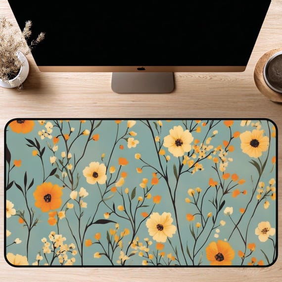 Flower Desk Mat, Boho Desk Pad, Floral Mousepad, Blue & Orange Desk Mat, Office Decor, College Dorm Decor, Keyboard Mat, Pretty Desk Pad