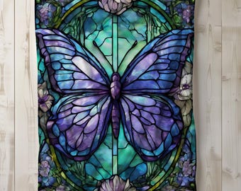 Butterfly Sherpa Blanket, Fleece Blanket, Throw Blanket, Home Decor, Bedding, Stained Glass Design, Girl Gift Idea, 50x60 60x80 Purple Green