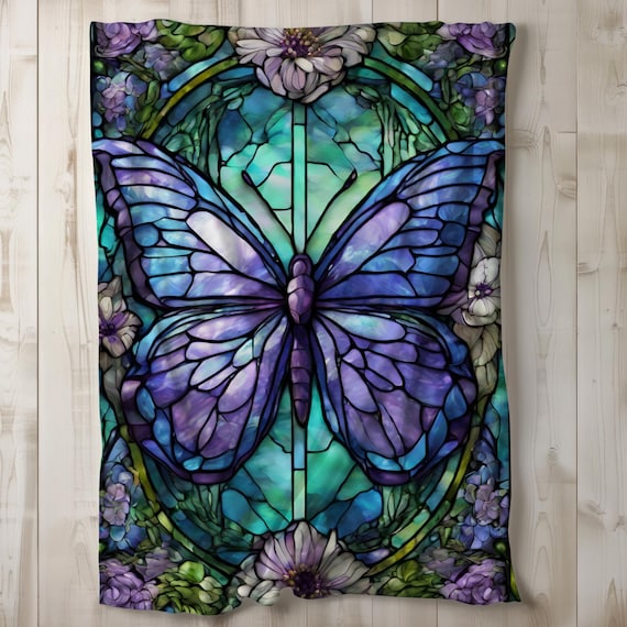 Butterfly Sherpa Blanket, Fleece Blanket, Throw Blanket, Home Decor, Bedding, Stained Glass Design, Girl Gift Idea, 50x60 60x80 Purple Green