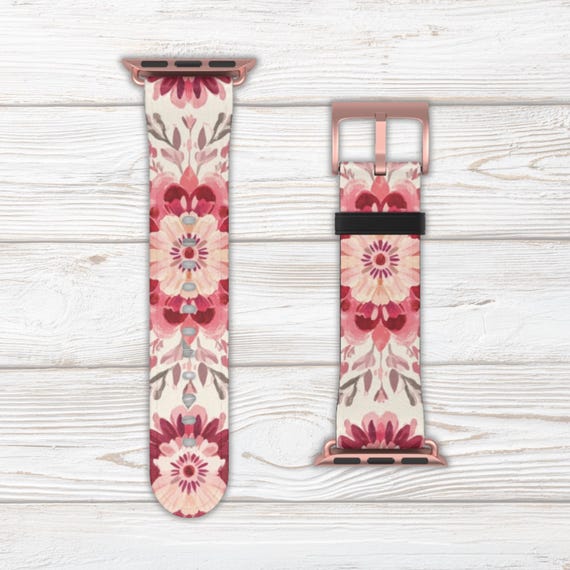 Pink Mandala Watch Band for Apple Watch Series 1 2 3 4 5 6 7 8 9 Ultra SE, Faux Leather, Stainless Steel Hardware, Women's, Floral, Flower