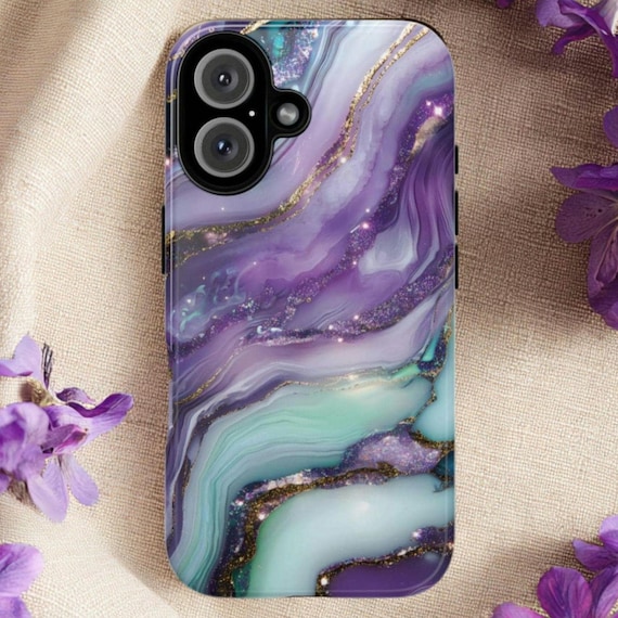 Purple, Teal & Gold Marbled Tough Phone Case, Fits iPhone, Galaxy, Pixel