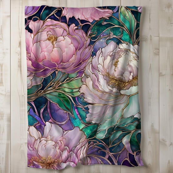 Peony Sherpa Blanket, Peony Fleece Blanket, Flower Blanket, Throw Blanket, Blanket for Girl, 50x60, 60x80, Pink Purple Green, Teen Bedding