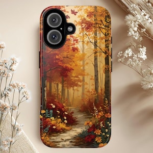 May include: A rectangular smartphone case featuring a printed illustration of a forest path during autumn. The design displays tall trees with vibrant orange, red, and yellow foliage, a winding trail, and colorful wildflowers in the foreground.