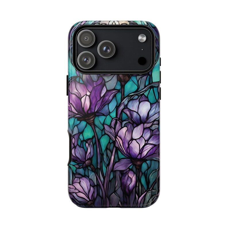 Purple & Teal Stained Glass Flower Tough Phone Case, Fits iPhone, Galaxy, Pixel image 9