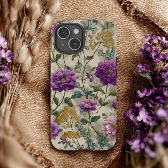 Floral Phone Case, Fits iPhone 11 12 13 14 15 16, Samsung Galaxy S20 S21 S22 S23 S24 S25, Pixel 7 8 9, Flower Botanical Country Chic Purple