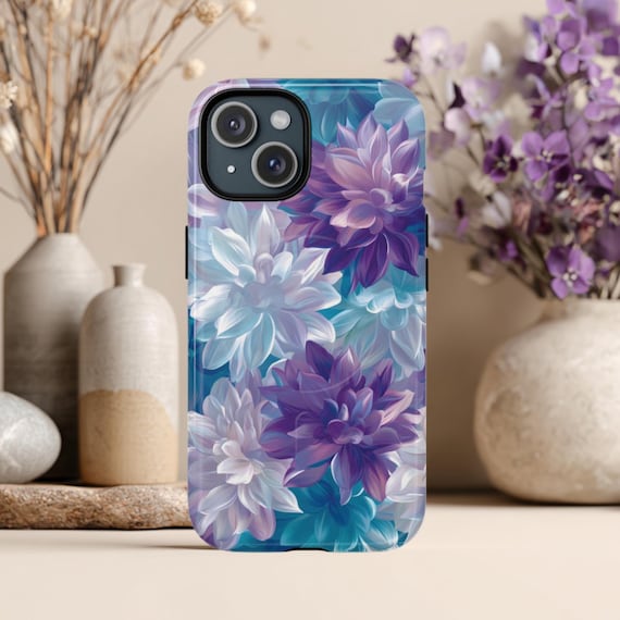 Purple & Blue Floral Phone Case, Magsafe Compatible iPhone 14 15 16 17