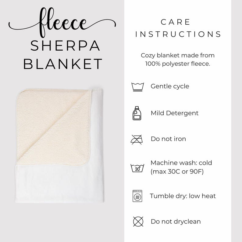 Puede incluir: Una manta de forro polar Sherpa blanca con forro Sherpa color crema. La imagen incluye instrucciones de cuidado: ciclo suave, detergente suave, no planchar, lavar a m&aacute;quina en fr&iacute;o (m&aacute;x. 30 &deg;C), secar en secadora a baja temperatura y no limpiar en seco.