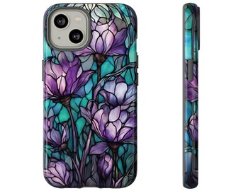 Stained Glass Purple & Teal Floral Cell Phone Case | iPhone Cases | Samsung Galaxy Cases | Google Pixel Cases | 46 Different Models