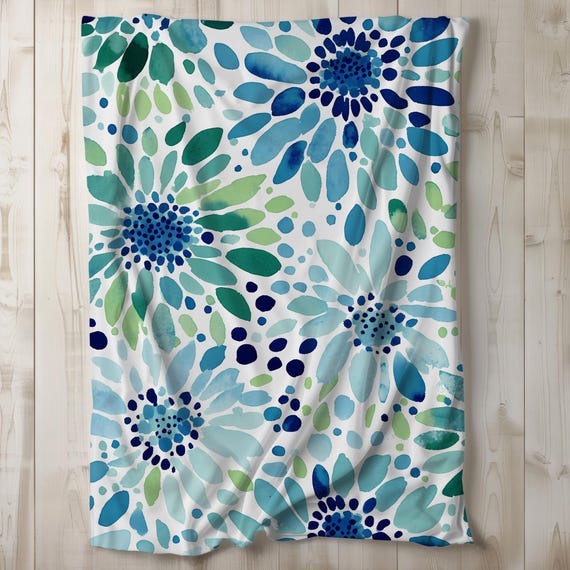 Watercolor Floral Sherpa Blanket, Flower Fleece Blanket, Throw Blanket, Bedding, Home Decor, Gift Idea, Blue Green Girly 50x60, 60x80