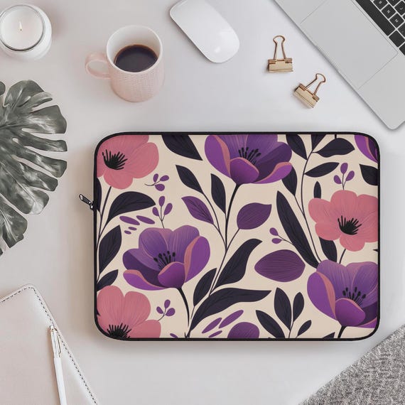 Floral Laptop Sleeve, Case for Macbook iPad, Feminine, Gift for Her, Work Accessories, Laptop Cover, Back to School, Purple Pink 12" 13" 15"