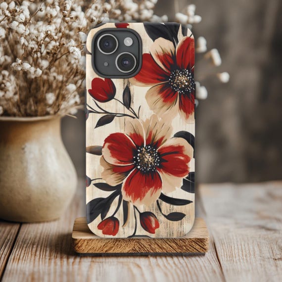 Flower Phone Case, Fits iPhone, Samsung Galaxy & Google Pixel Models, Tough Phone Case, Red Floral Phone Case, Rustic, Distressed
