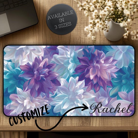 Personalized Desk Mat, Custom Desk Pad, Flower Mousepad, Purple & Teal Desk Mat, Office Decor, Office Accessories, Keyboard Mat, Floral