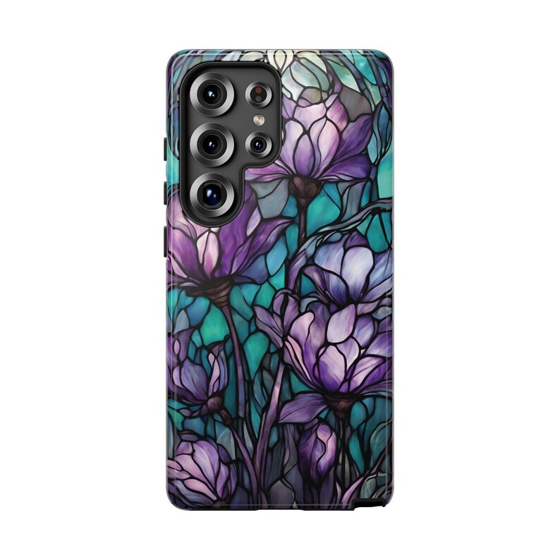 Purple & Teal Stained Glass Flower Tough Phone Case, Fits iPhone, Galaxy, Pixel image 15