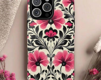 Hot Pink & Black Vintage Style Floral Pattern, Magsafe Compatible iPhone 14 15 16 17