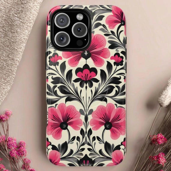 Hot Pink & Black Vintage Style Floral Pattern, Magsafe Compatible iPhone 14 15 16 17