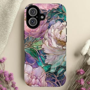 Funda resistente con diseño de peonía rosa: compatible con iPhone, Galaxy y Pixel.