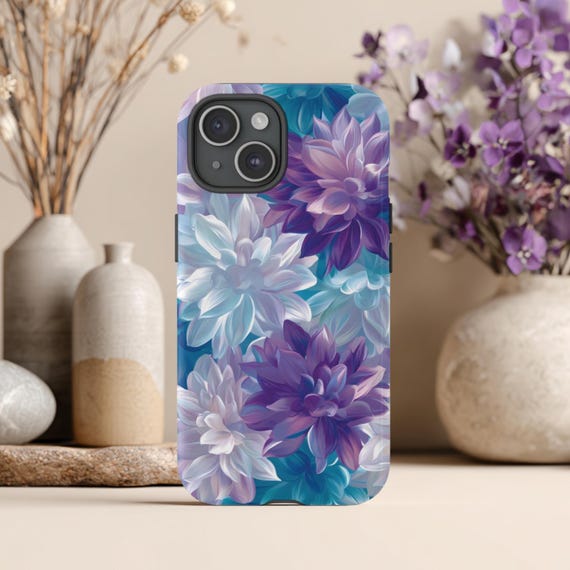 Flower Phone Case, Fits iPhone, Samsung Galaxy & Google Pixel Models, Floral Phone Case, Tough Phone Case, Purple Teal Case, Pretty Case