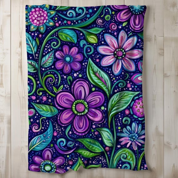 Flower Sherpa Blanket, Floral Fleece Blanket, Throw Blanket, Bedding, Gift Idea, Purple Green Whimsy Fun Vibrant Girly 50x60, 60x80
