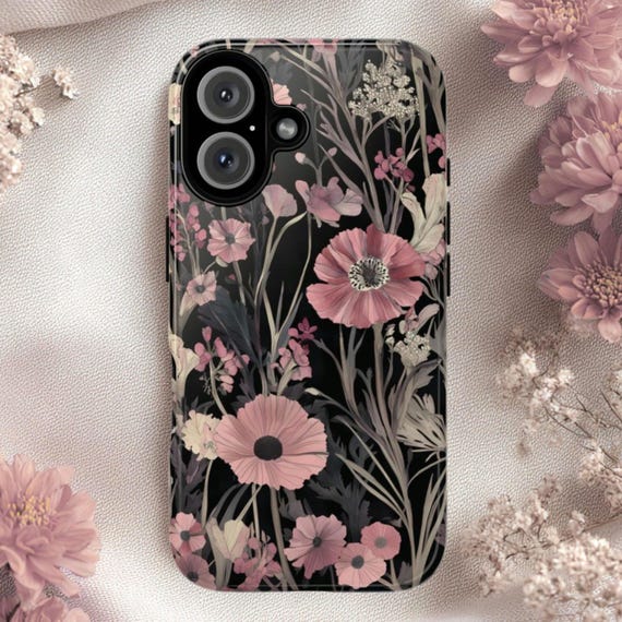 Pink & Black Floral Tough Phone Case, Fits iPhone, Galaxy, Pixel
