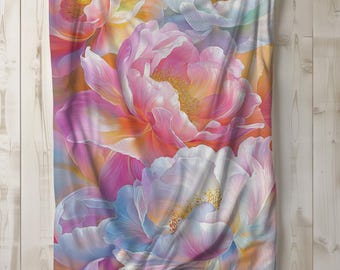 Peony Sherpa Blanket, Flower Fleece Blanket, Floral Throw Blanket, Bedding, Gift Idea, Feminine Girly, Pink Colorful Blanket, 50x60, 60x80