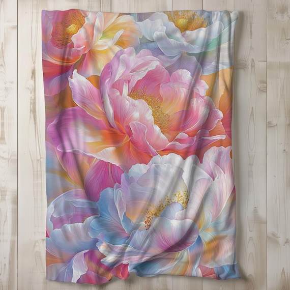 Peony Sherpa Blanket, Flower Fleece Blanket, Floral Throw Blanket, Bedding, Gift Idea, Feminine Girly, Pink Colorful Blanket, 50x60, 60x80