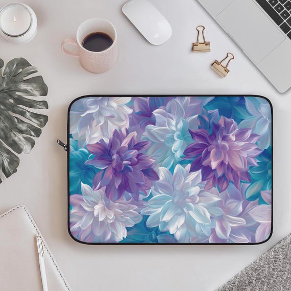 Flower Laptop Sleeve, Case for Macbook iPad, Feminine, Gift for Her, Work Accessories, Laptop Cover, Back to School, Purple Blue 12" 13" 15"