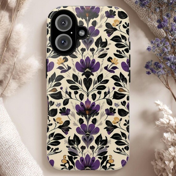 Purple & Black Flower Pattern Tough Phone Case, Fits iPhone, Galaxy, Pixel