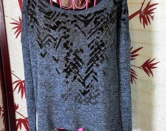Miss Me Y2K Grunge Marled Knit Sweater Rhinestone Embellished Lace Detail Size M