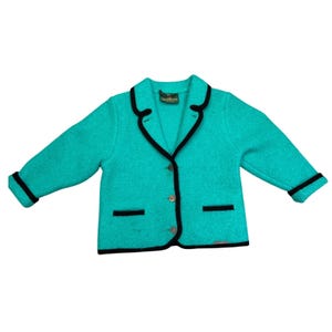 Giesswein Boiled Wool Jacket Teal Turquoise Black Trim Made in Austria Sz 4 VTG