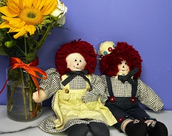 VTG Raggedy Ann & Andy Dolls Pair Handmade Country Farmhouse Decor Collector