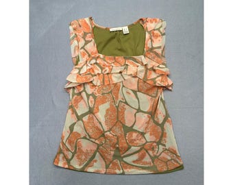 DKNY Jeans Y2K Mesh Ruffle Sleeveless Blouse Womens S Olive Green Coral Abstract