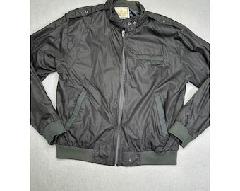 Vintage Chelsea London Black Nylon Bomber Jacket Mens Large Harrington Epaulets