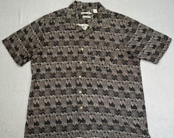 Batik Bay 100% Silk Geometric Print Grey Mens XL Short Sleeve Button Down Shirt