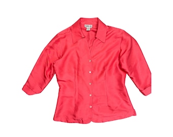 Robbie Bee Pink 100% Silk Button Front Blouse 3/4 Sleeve Collared Shirt Size 6