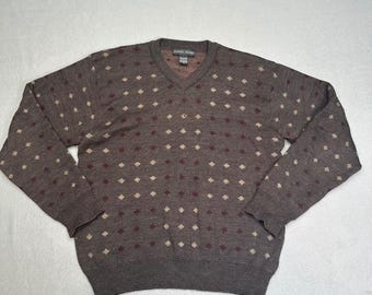 Robert Banks Vintage Mens Brown Merino Wool V-Neck Diamond Pattern Sweater Sz M