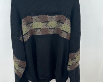 Area by Tag Mens Vintage 90s Geometric Knit Sweater Black Olive Brown Large USA