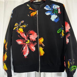 Mossimo Y2K Black Floral Bomber Jacket Women Size M Artsy Abstract Floral Zip Up