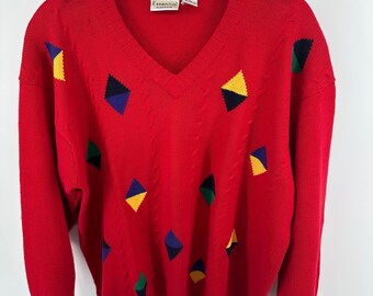 Essential Elements Vintage Red V-Neck Geometric Diamond Cable Knit Sweater XL
