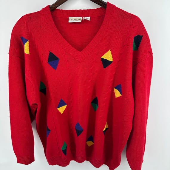 Essential Elements Vintage Red V-Neck Geometric D… - image 1