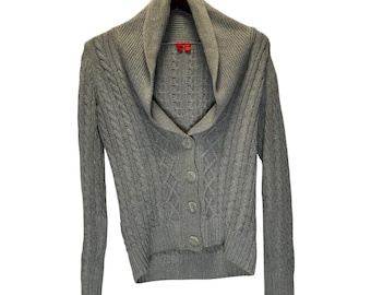 Suéter cárdigan con botones en el frente y cuello chal de punto cable gris de los años 90 de VTG Esprit, talla M
