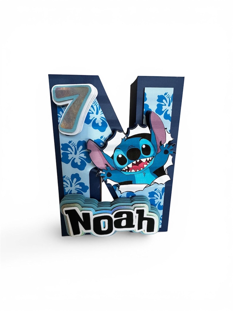 May include: A navy blue letter "N" shaped decoration with a blue floral pattern. The number "7" is on the top left. The character Stitch is bursting through the letter. The name "Noah" is at the bottom.