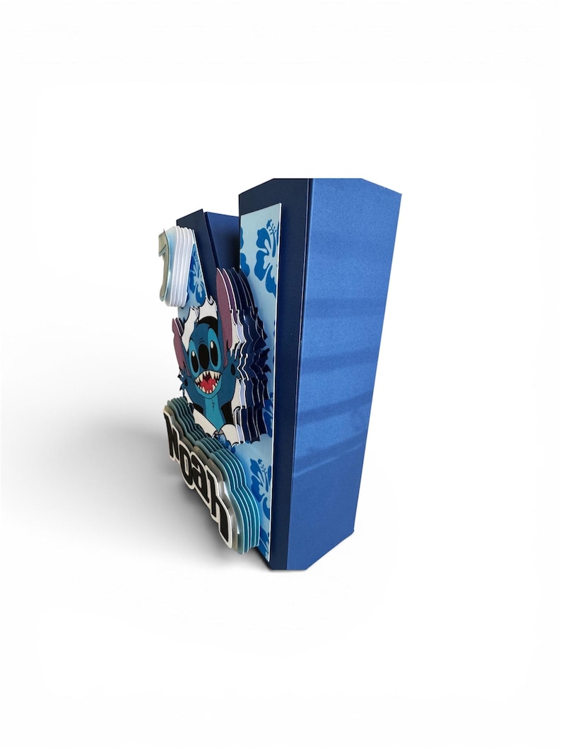 May include: A blue, layered paper art piece featuring the character Stitch from Lilo & Stitch. The design includes the name "Noah" and the number "1". The background has a floral pattern.