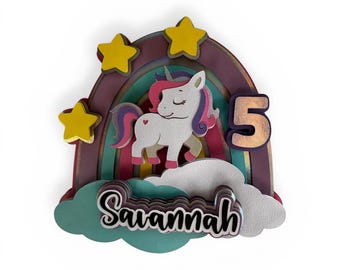 Personalized Unicorn Birthday Cake Topper, Rainbow Party Decoration