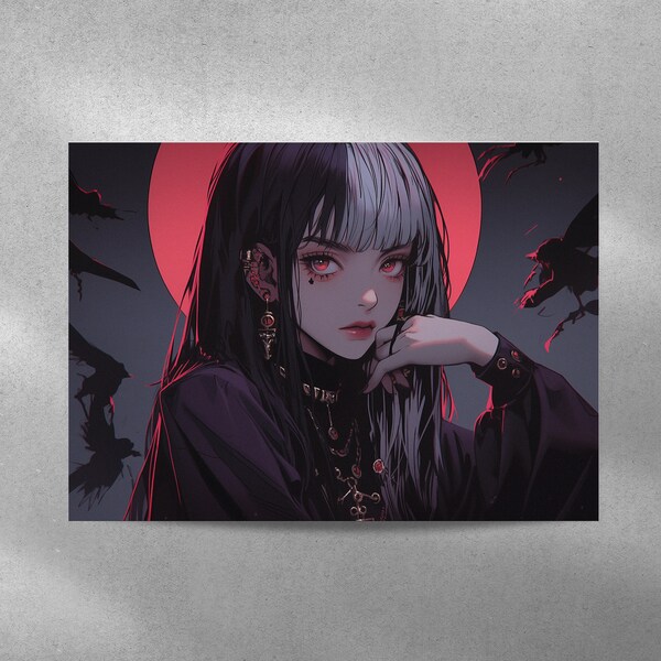 Goth Anime Girl Digital Wall Art, Witch Poster, Goth Girl Digital Print, Instant Download Digital Print, Anime Digital Print, Wall Art Decor