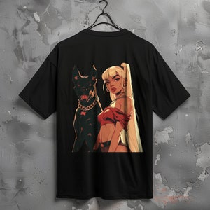 Girl and Dog T-Shirt | Cartoon T-Shirt | Dog Art | Streetwear | Unisex | Back Side Print | Cyberpunk T-Shirt | Gift for her | Dog lover gift