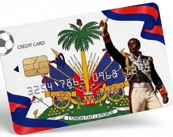 Haiti Football Credit Card Skin, Haitian Coat of Arms Debit Card Sticker, L'Union Fait La Force Card Wrap, Soccer Theme Wallet Decal Cover